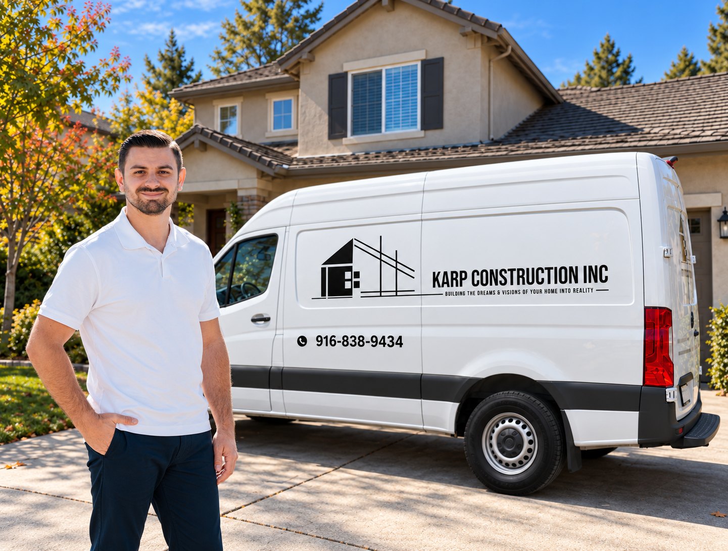 Karp Construction work van parked in a driveway outside a suburban home ahead of an on-site visit