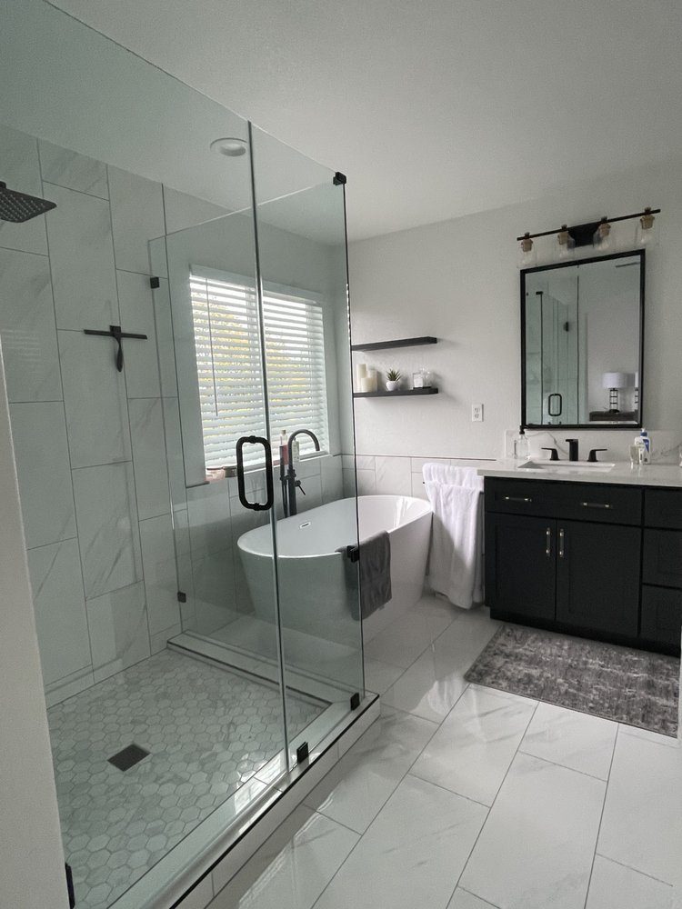 Bathroom remodel with a freestanding tub and walk-in shower