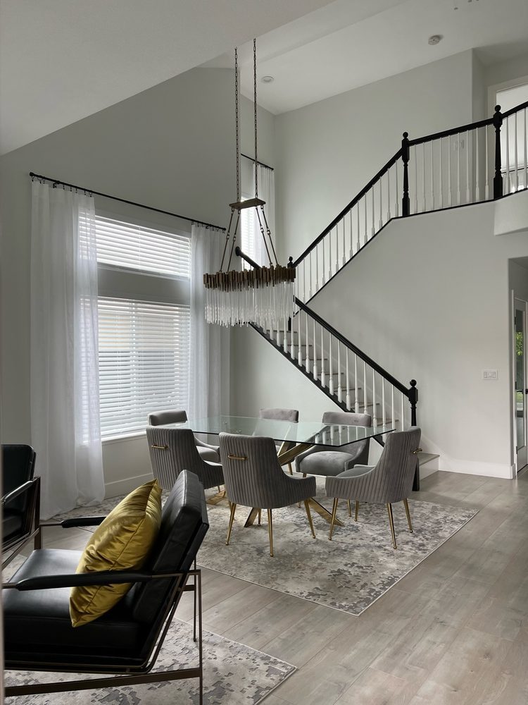 Stair railing, lighting, paint and floors