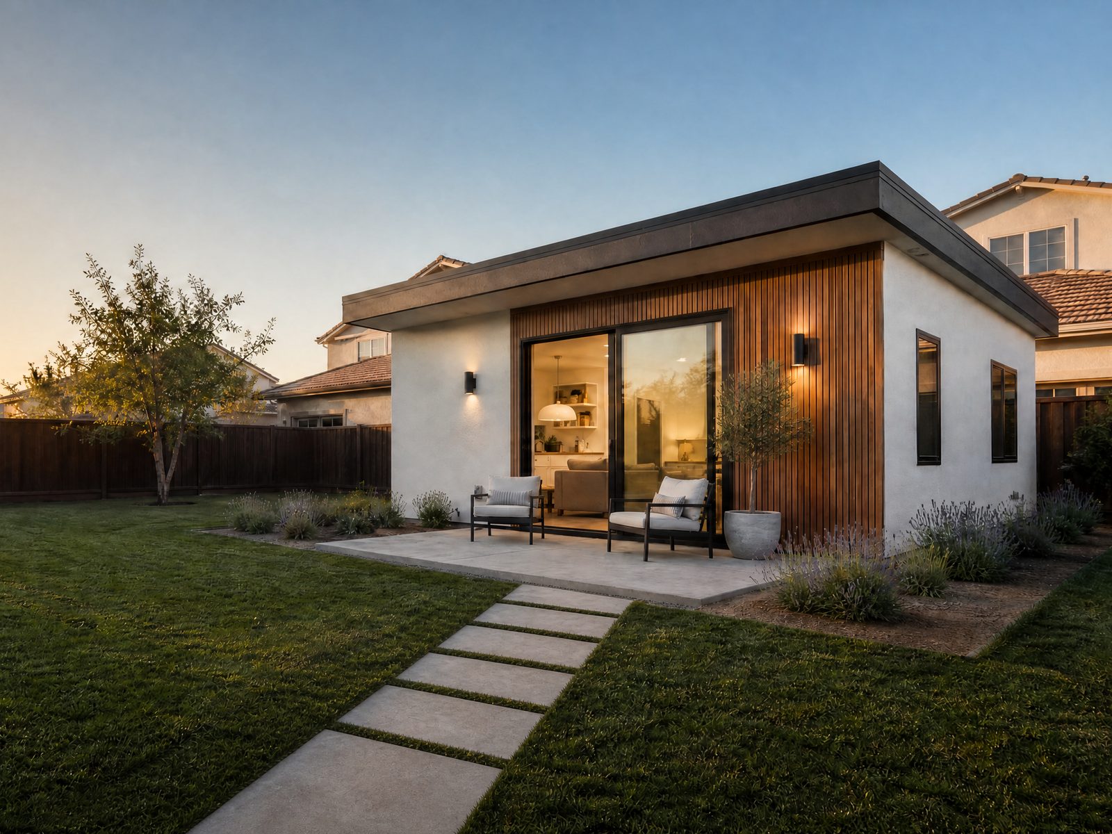Backyard ADU with a covered patio in golden-hour light